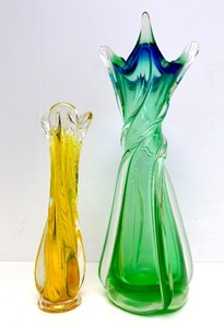 lot 54 image: Pair of Vintage Heavy Blown Glass Vases - GreenBlue &amp Yellow