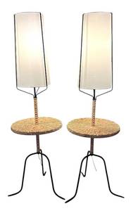 LL  - Pair of Floor Lamp Tables with Wicker Shelf and Tripod Base