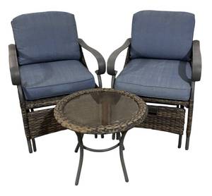 lot 6R image: G - Hampton Bay Patio Chairs with Built-in Ottomans and Glass Top Table