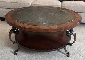 lot 9R image: FR - Round Coffee Table with Slate Tile Top and Metal Accents