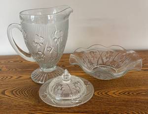 lot 30R image: DR - Vintage Iris and Herringbone Glass Pitcher, Covered Dish and Bowl