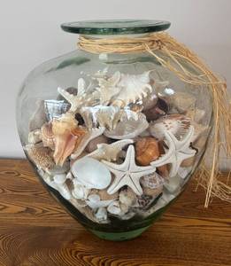 lot 35R image: DR - Fabio Viviani Toscana Glass Vase Filled with Assorted Seashells, Starfish and More
