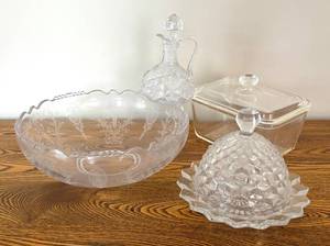 lot 38R image: DR - Vintage Crystal and Glass Etched Bowl Covered Butter Dish, Cruet and More