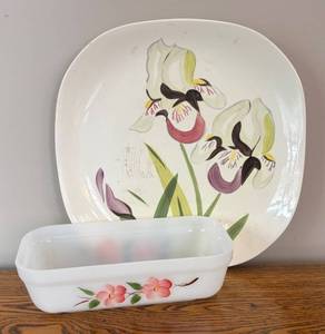 lot 40R image: DR - Vintage Fire-King Baking Dish and Red Wing Hand Painted Platter