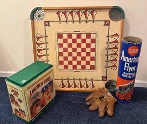 lot 71R image: LL  - Vintage Game and Toy Collection with Carrom Board, Lincoln Logs, Baseball Glove and American Flyer Trestle Set
