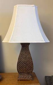 lot 72R image: O - Table Lamp with Patterned Brown Base and White Shade