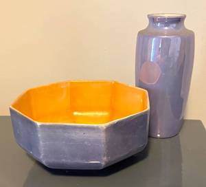 lot 77R image: LL  - Vintage Lusterware Lavender Vase and Octagonal Bowl Set with Shimmer Finish