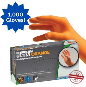 lot 38 image: MSRP $300  1 Case (1000 gloves) NEW NitriDerm Ultra Orange Nitrile Exam EMS Police Gloves Size XL wFentanyl Protection 10 Boxes (100 GlovesBox) Textured Grip, Polymer Interior for quickeasy donning, Extended Cuff, Fire &amp Hazmat Use