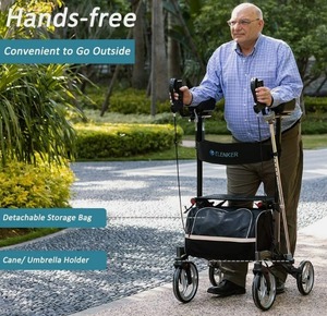 lot 3 image: Elenker Stand Up Straight Rollator Upright Walker with Seat, Backrest, Storage Bag - Includes Manual - Easy to Maneuver, Used for a Variety of Terrains, Safe and Durable - Like New Condition