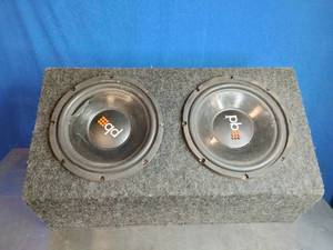 lot 33 image: PowerBass PS-10 car subwoofers in a custom enclosure. with a  Scosche PSC.5 500K Micro Farad Digital Power Capacitor for car audio systems.