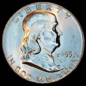 lot 10 image: Uncirculated Key Date 1955 Franklin Half Dollar, Higher Grade wFull Luster
