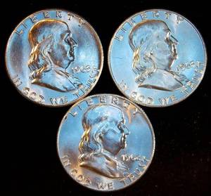 lot 11 image: BU 1962, 1963, 1963-D Franklin Half Dollars all wFull Luster