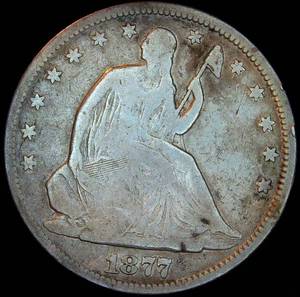 lot 19 image: VG 1877 Liberty Seated Half Dollar, Original Surfaces