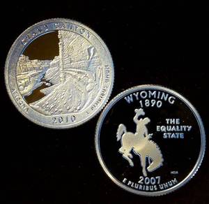 lot 48 image: (2) Proof 90% Silver ATB Quarters - 2010 Arizona & 2007 Wyoming