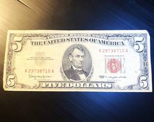 lot 54 image: 1963 Series Red Seal $5 Bill
