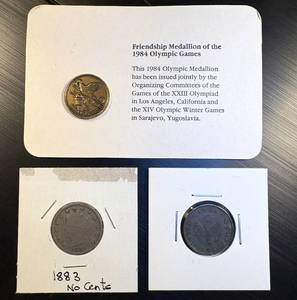 lot 57 image: 1984 Olympic Medallion, 1883 nCents Nickel, 1941 German 10 Riechspfennig