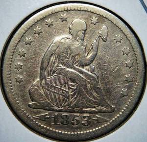 lot 58 image: FVF 1853 Seated Liberty Quarter wArrows & Rays - cleaned