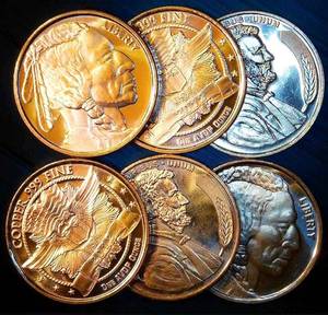lot 79 image: (6) 1 oz Mixed Design Copper Rounds