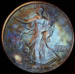 Spectacular Toned 1943 P Walking Liberty Half Dollar, Uncirculated from Original Bank Roll