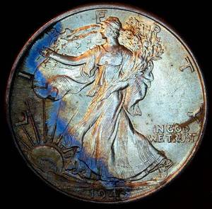 lot 63 image: Uncirculated 1943 P Walking Liberty Half Dollar wDramatic Toning, Original Bank Roll