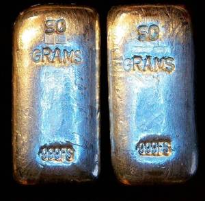 lot 64 image: (2) 50 Gram Poured 999 Silver Bars, 3.215 Troy oz