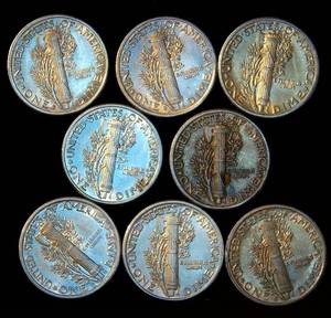 lot 71 image: (8) AU Common Dates Mercury Dimes, Original Surfaces