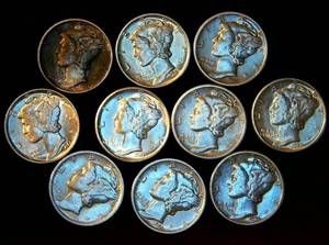 lot 72 image: (10) XF or Better Common Date Mercury Dimes