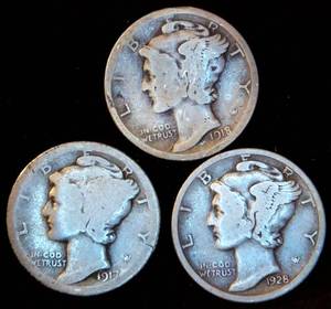 lot 76 image: (3) Slightly Better Date Mercury Dimes, 1917D, 1918S, 1928D