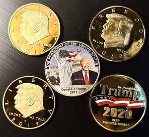 lot 68 image: Collection of (5) Different Proof Clad Trump Medallions, Both Terms