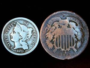 lot 82 image: 1873 3 Cent Nickel (Nice) & 1864 2 Cent Piece (Not so Nice)
