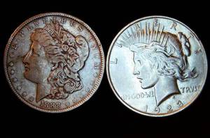 lot 83 image: XF or Better Morgan and Piece Dollars (exact coins shown)