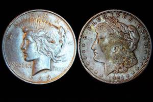 lot 84 image: XF or Better Morgan and Piece Dollars (exact coins shown)