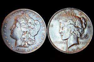 lot 85 image: XF or Better Morgan and Piece Dollars (exact coins shown)