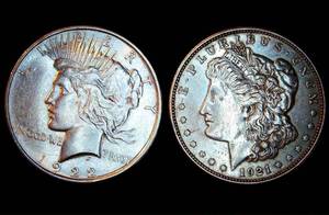 lot 86 image: XF or Better Morgan and Piece Dollars (exact coins shown)
