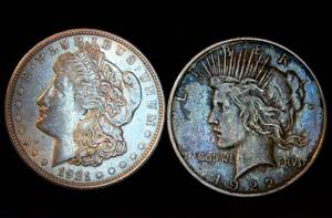 lot 87 image: AU Morgan and Piece Dollars (exact coins shown)