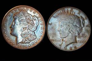 lot 89 image: XF or Better Morgan and Piece Dollars (exact coins shown)
