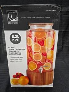 lot 49 image: 2.2 Gallon Glass Drink Dispenser with Acacia Wood Stand