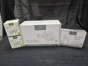 lot 68 image: Wasserman Flood light and Charger 2 -2 pk of anti theft mounts - wireless chime (Google Nest)