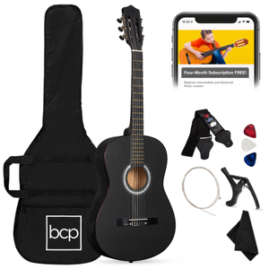 lot 6 image: Beginner Acoustic Guitar Set w Case, Strap, Extra Strings - 38in