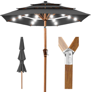 lot 9 image: 3-Tier Woodgrain Pattern Solar Patio Umbrella, Tilt Adjustment - 10ft (Gray)