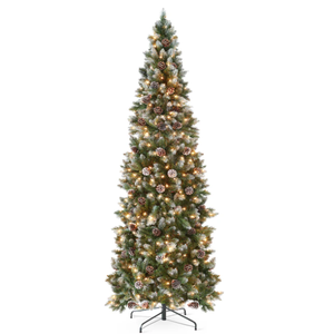 lot 15 image: 7.5ft Pre-Lit Partially Flocked Pencil Christmas Tree w Pine Cones, Metal Stand