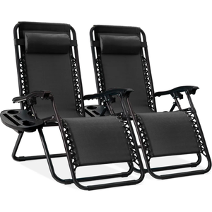 lot 18 image: Set of 2 Adjustable Zero Gravity Patio Chair Recliners w Cup Holders (Black)