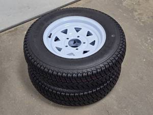 lot 167 image: (2) New Qingda ST17580D13 Trailer Tires on 5 Bolt White Spoke Wheels