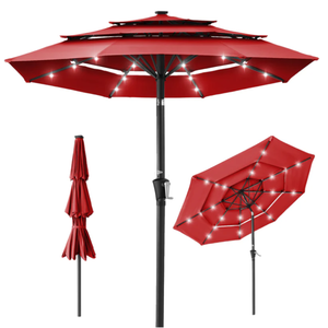 lot 101 image: 3-Tier Solar Patio Umbrella w LED Lights, Tilt Adjustment, Crank - 10ft (Red)