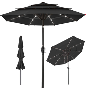 lot 102 image: 3-Tier Solar Patio Umbrella w LED Lights, Tilt Adjustment, Crank - 10ft (Black)