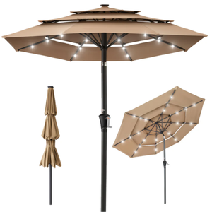 lot 103 image: 3-Tier Solar Patio Umbrella w LED Lights, Tilt Adjustment, Crank - 10ft (Tan)