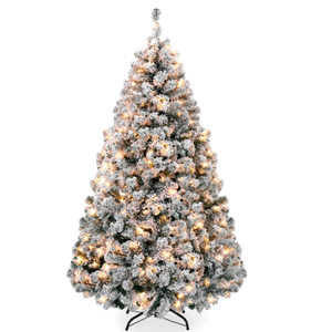 lot 104 image: 7.5ft Pre-Lit Snow Flocked Artificial Pine Christmas Tree w Warm White Lights