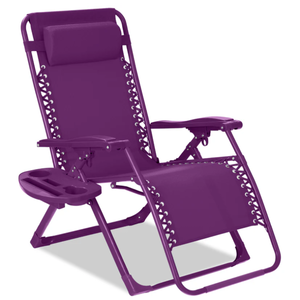 lot 150 image: Monochromatic Zero Gravity Patio Chair Recliner w Side Tray, Headrest (Amethyst)