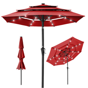 lot 152 image: 3-Tier Solar Patio Umbrella w LED Lights, Tilt Adjustment, Crank - 10ft (Red)
