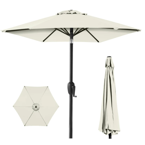 lot 163 image: Outdoor Market Patio Umbrella w Push Button Tilt, Crank Lift - 7.5ft (Ivory)